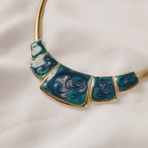 Vintage Art Deco Blue Swirl Enamel Gold Collar Omega Chain Statement Necklace - Picture 2 of 8